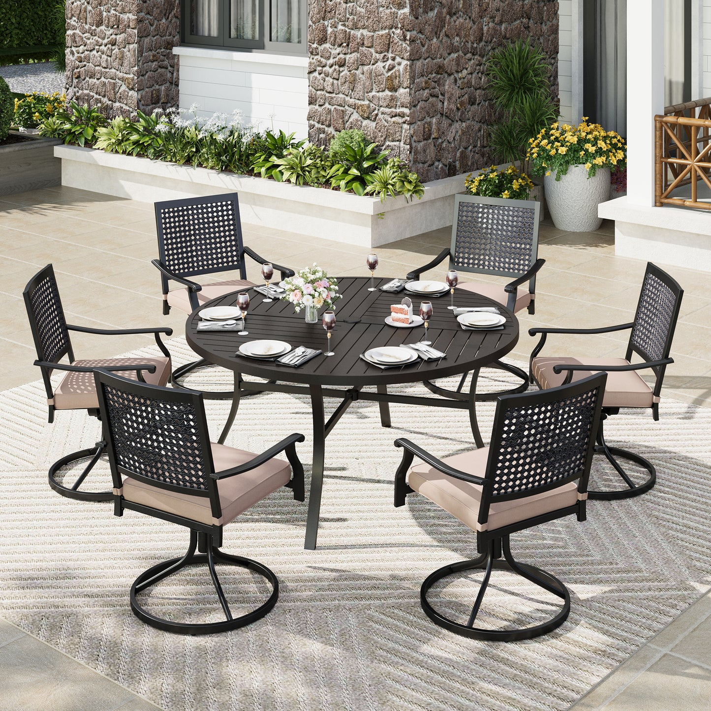 Captiva Designs 7pc Black Round Slatted Steel Table with Umbrella Hole& Metal Armrest Chairs