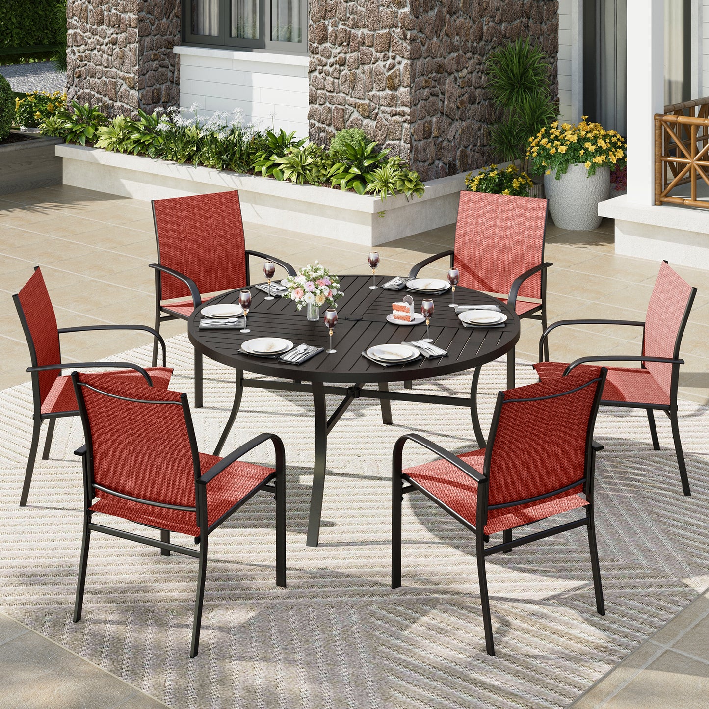 Captiva Designs 7pc Black Round Slatted Steel Table with Umbrella Hole & Textilene Chairs