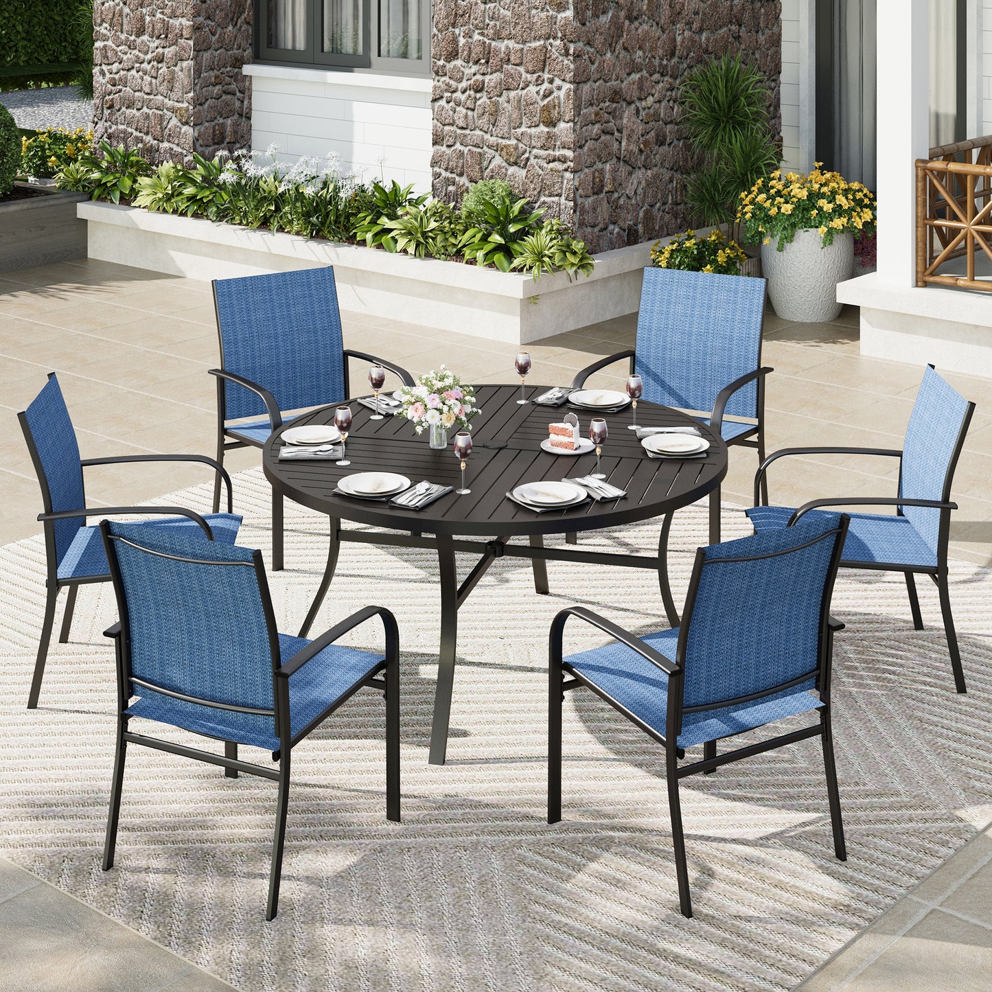 Captiva Designs 7pc Black Round Slatted Steel Table with Umbrella Hole & Textilene Chairs