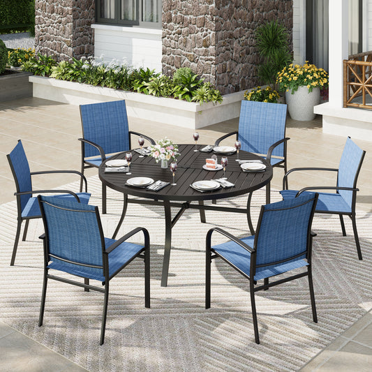 Captiva Designs 7pc Black Round Slatted Steel Table with Umbrella Hole & Textilene Chairs