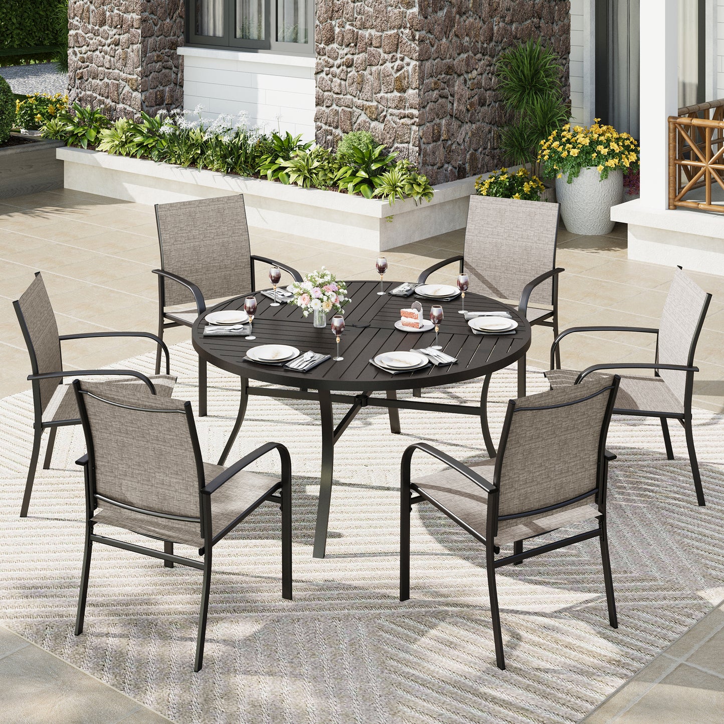 Captiva Designs 7pc Black Round Slatted Steel Table with Umbrella Hole & Textilene Chairs