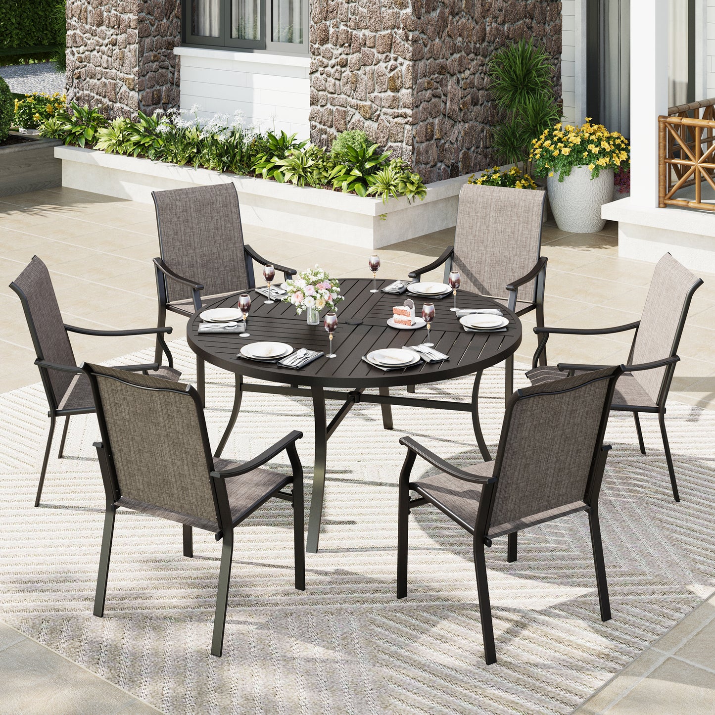 Captiva Designs 7pc Outdoor Patio Black Steel Dining Table & Brown Textilene Arm Chairs