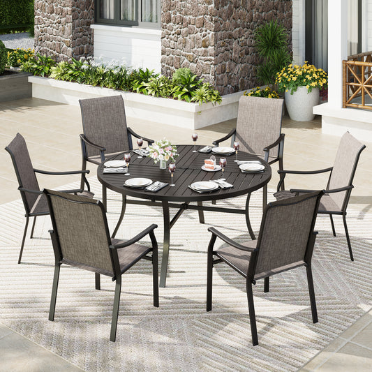 Captiva Designs 7pc Outdoor Patio Black Steel Dining Table & Brown Textilene Arm Chairs