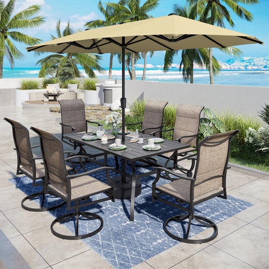 Captiva Desighttps 8pc Patio Dining Slat-top Rectangular Steel Table & Padded Sling Swivel Chairs & Market Umbrella