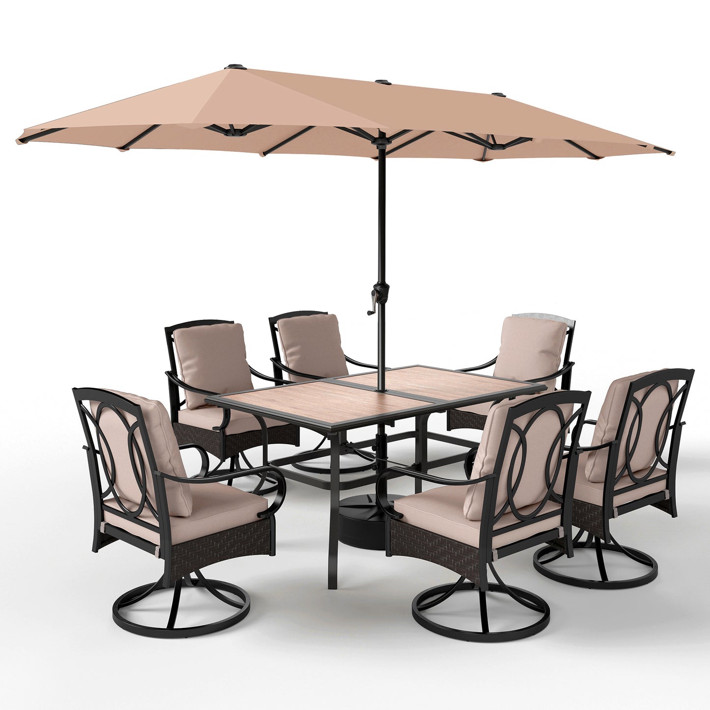 Captiva Designs 8pc Outdoor Patio Rectangle Steel Dining Table & Rattan Swivel Chairs & Market Umbrella