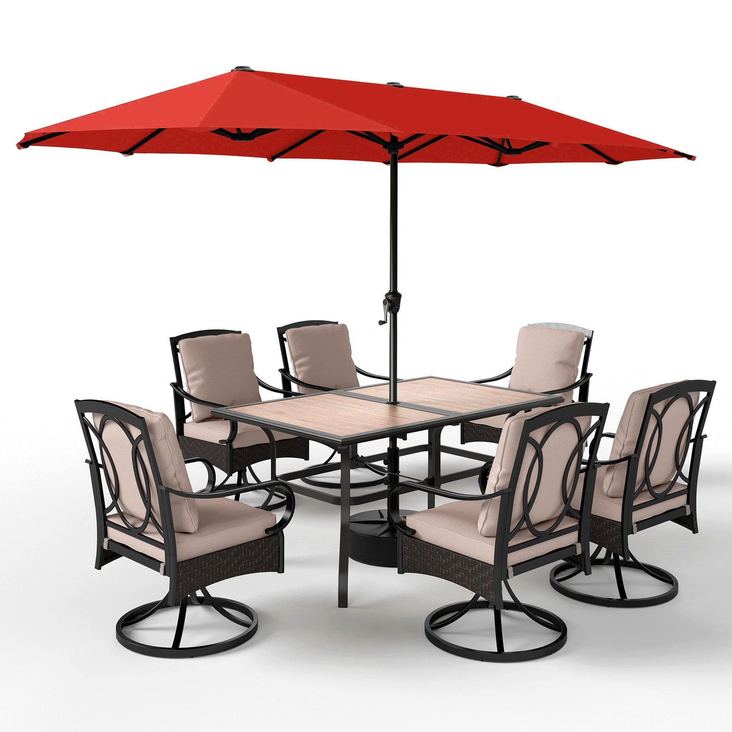 Captiva Designs 8pc Outdoor Patio Rectangle Steel Dining Table & Rattan Swivel Chairs & Market Umbrella