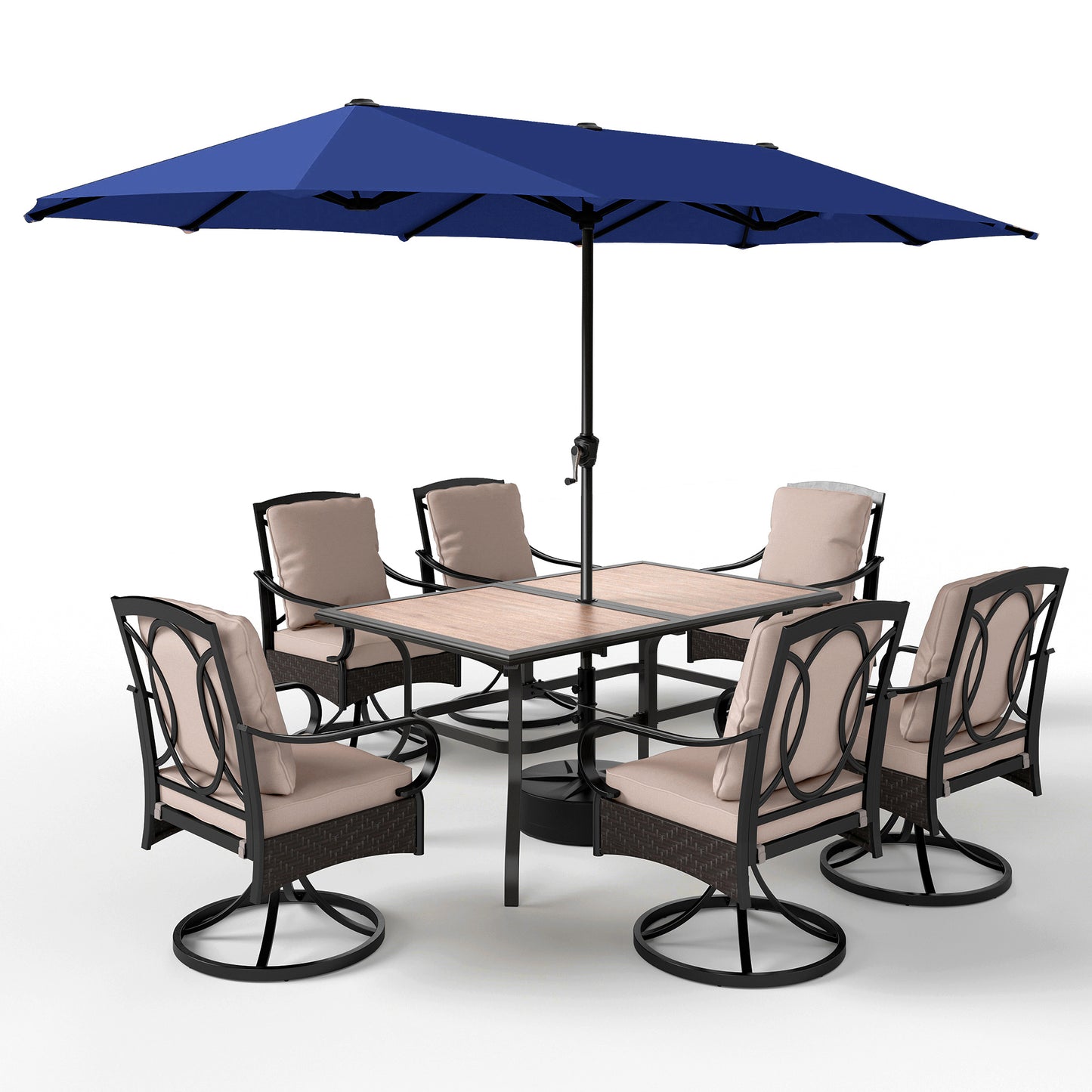 Captiva Designs 8pc Outdoor Patio Rectangle Steel Dining Table & Rattan Swivel Chairs & Market Umbrella