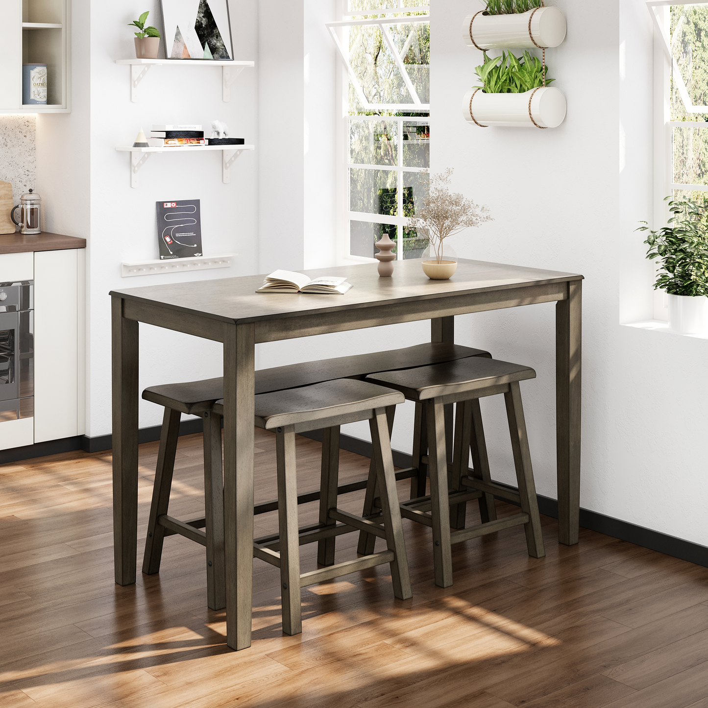 Captiva Designs 4 Piece Wood Dining Table Set with Rectangular Dining Table & Stools & Bench