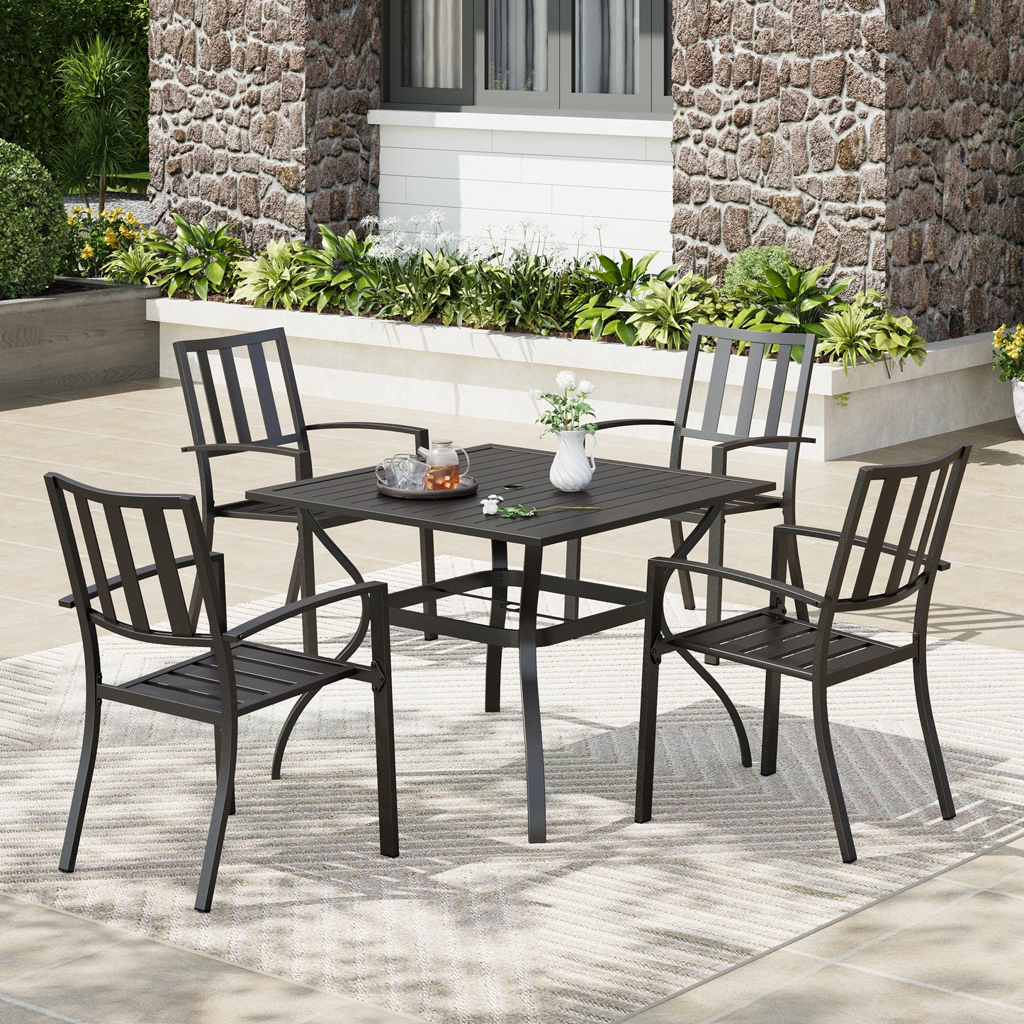 Captiva Designs 5pc Patio Slat-top Square Steel Dining Table with Umbrella Hole & Metal Arm Chairs