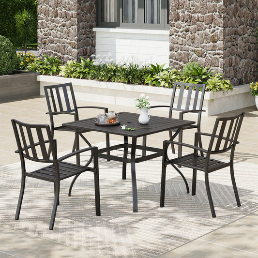 Captiva Designs 5pc Patio Slat-top Square Steel Dining Table with Umbrella Hole & Metal Arm Chairs