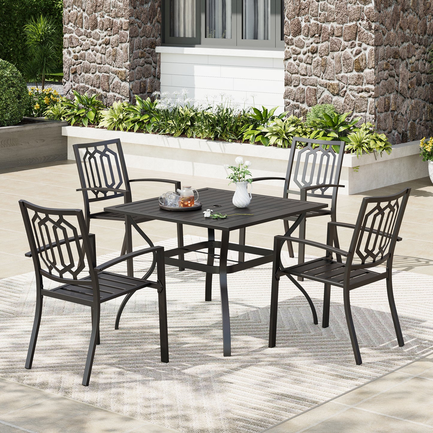 Captiva Designs 5pc Patio Slat-top Square Steel Dining Table with Umbrella Hole & Metal Arm Chairs
