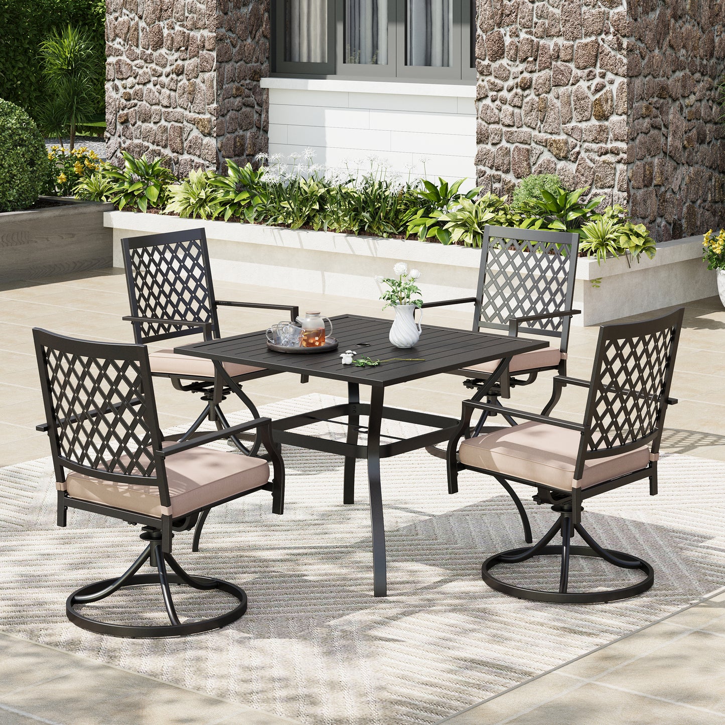 Captiva Designs 5pc Patio Slat-top Square Steel Dining Table with Umbrella Hole & Metal Arm Chairs