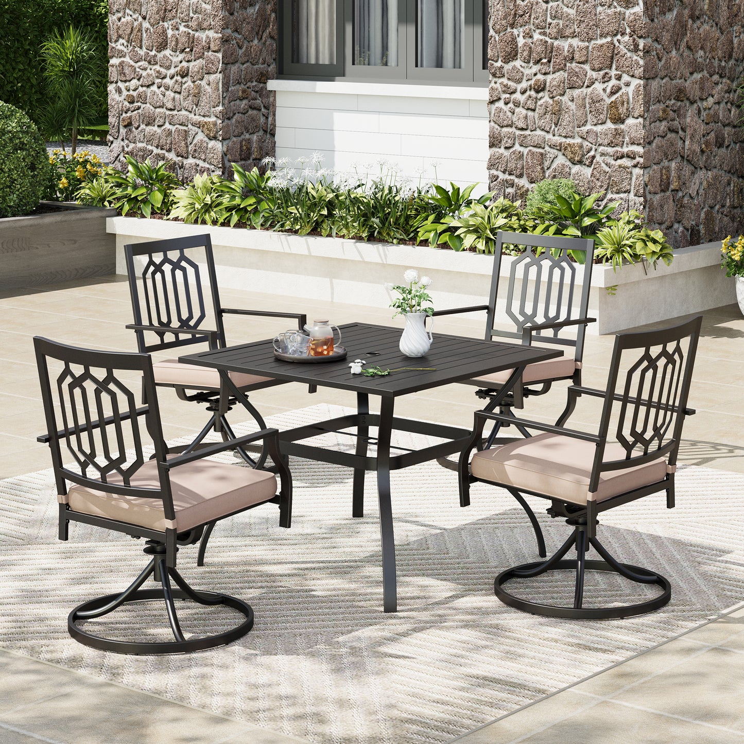 Captiva Designs 5pc Patio Slat-top Square Steel Dining Table with Umbrella Hole & Metal Arm Chairs