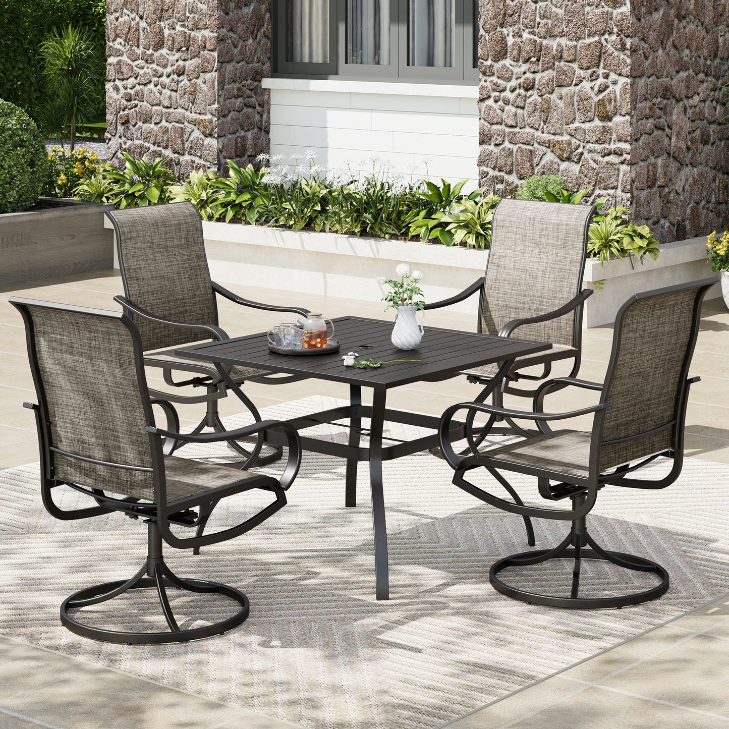 Captiva Designs 5pc Patio Dining Steel Table & Textilene 360 Degree Swivel Chairs