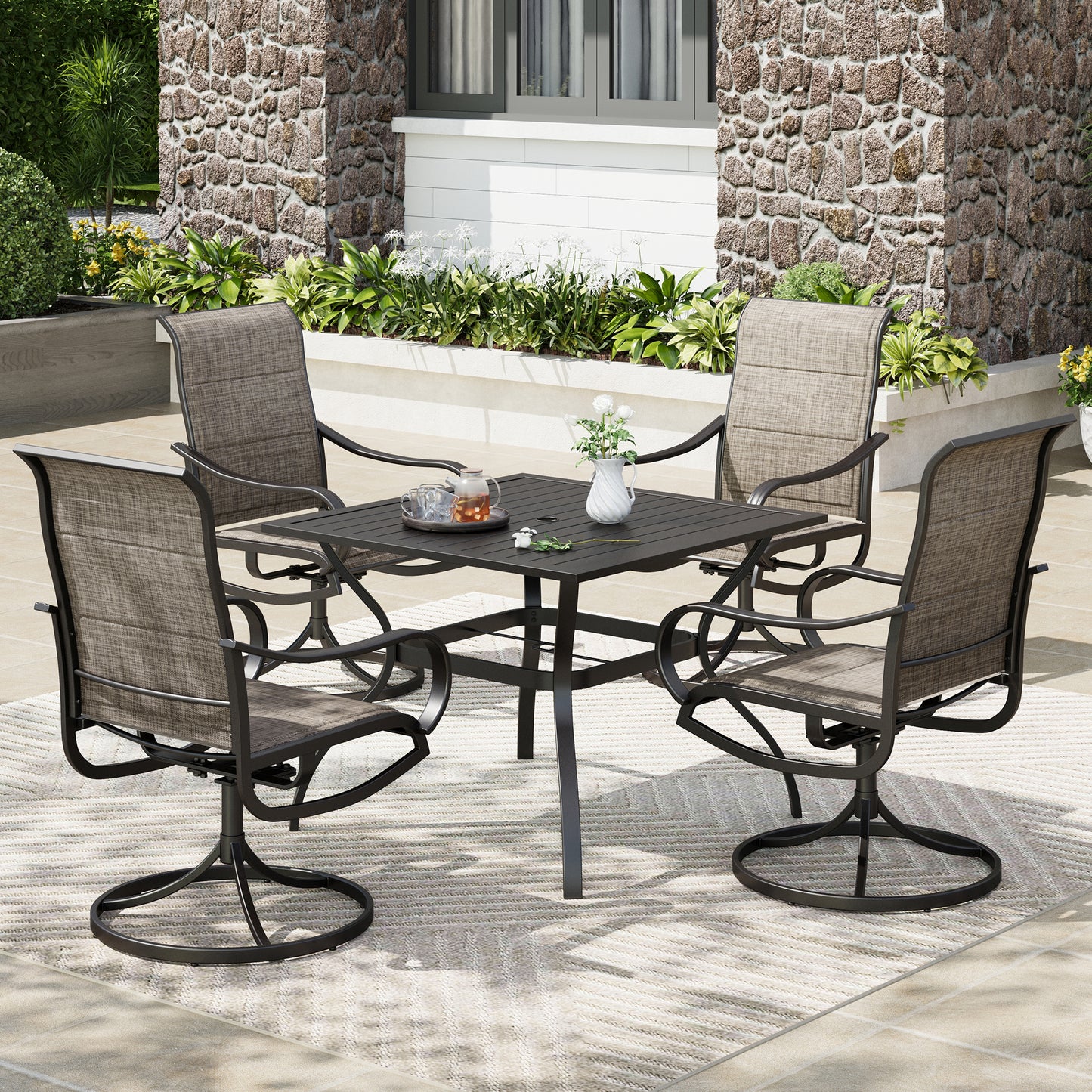 Captiva Designs 5pc Outdoor Patio Dining Set with Slat-top Table & Textilene Swivel Chairs