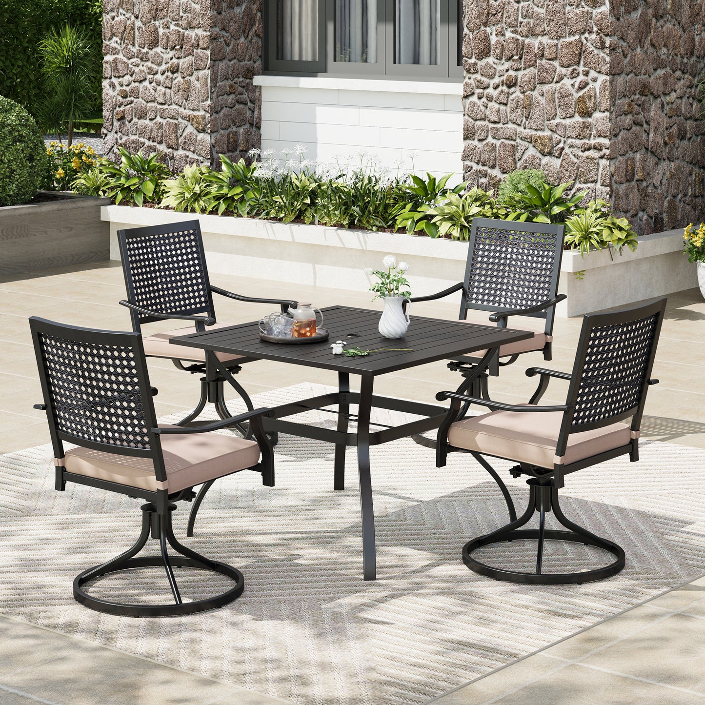 Captiva Designs 5pc Patio Slat-top Square Steel Dining Table with Umbrella Hole & Metal Arm Chairs