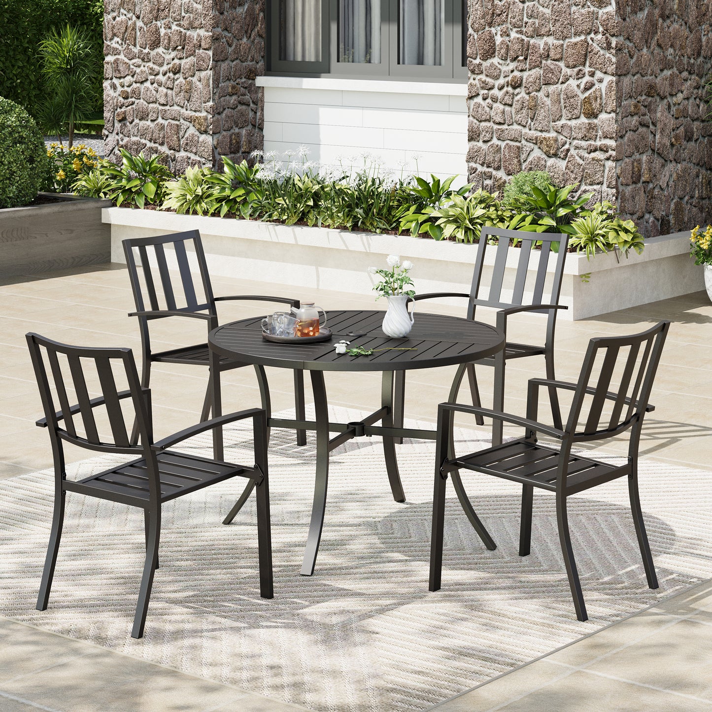 Captiva Designs 5pc Patio Dining Steel Set with Slat-top Round Table & Metal Chairs with Stylish Back