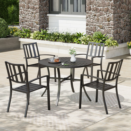 Captiva Designs 5pc Patio Dining Steel Set with Slat-top Round Table & Metal Chairs with Stylish Back