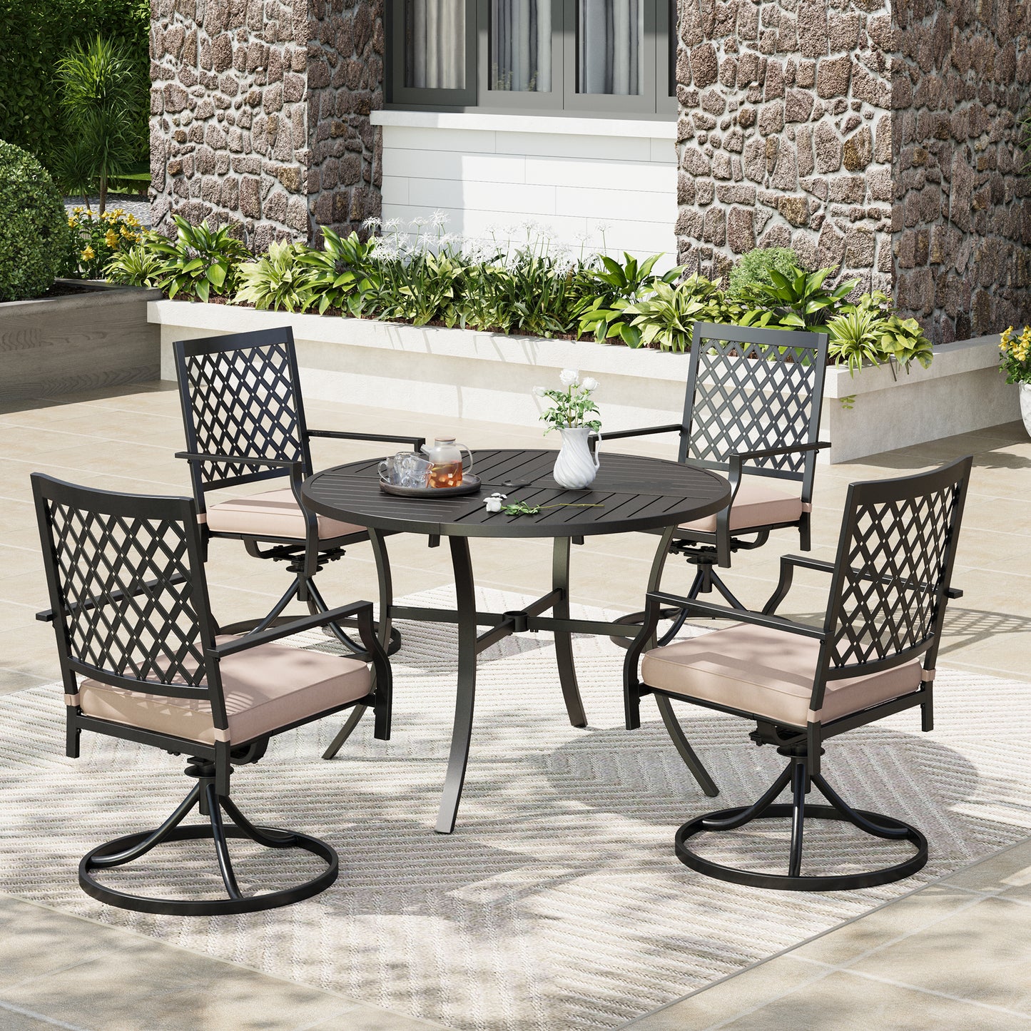 Captiva Designs 5pc Patio Dining Steel Set with Slat-top Round Table & Metal Chairs with Stylish Back
