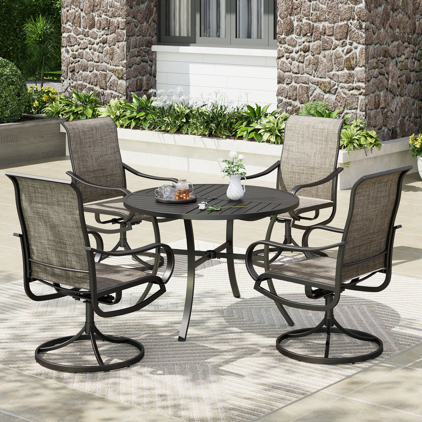 Captiva Designs 5pc Patio Dining Steel Table & Textilene 360 Degree Swivel Chairs