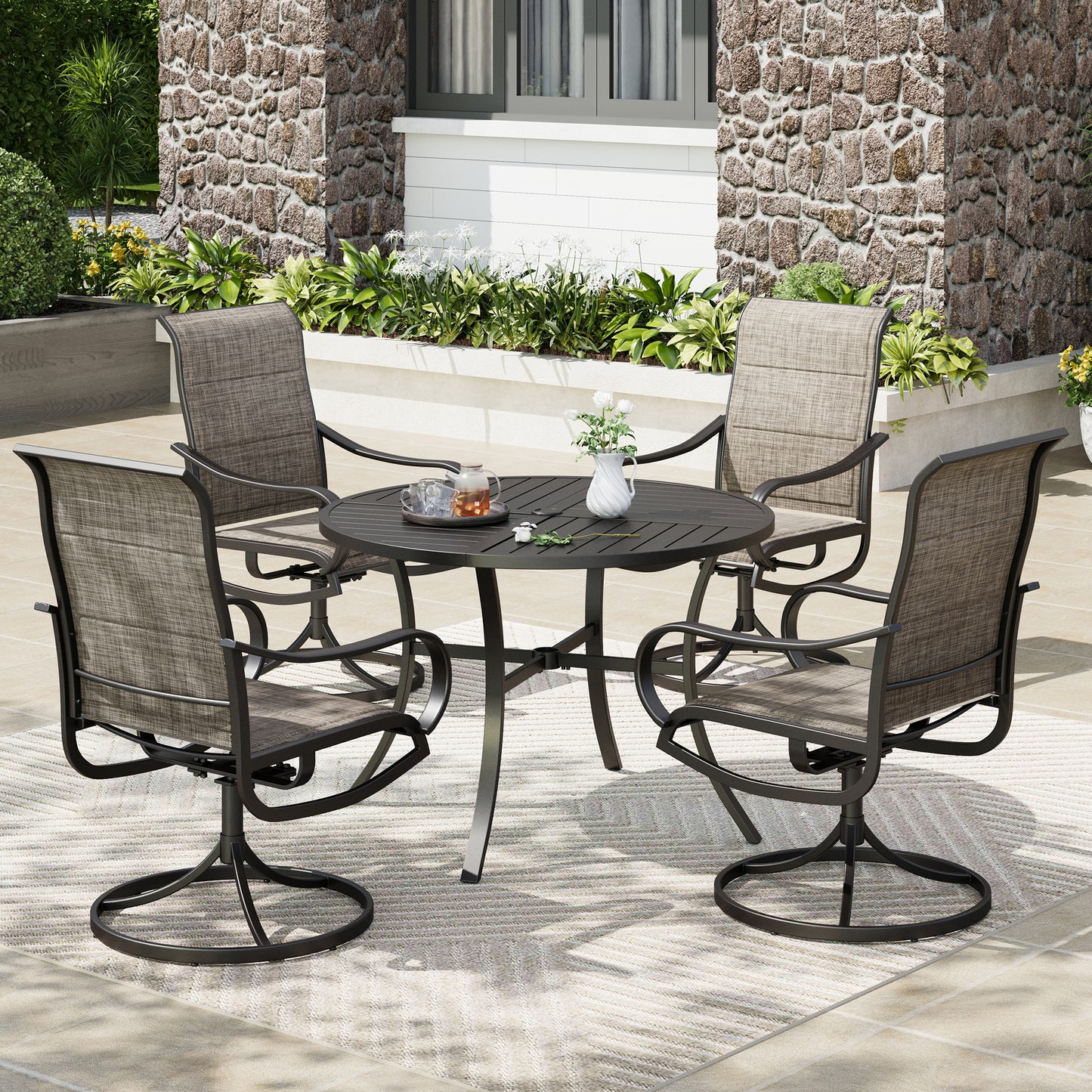 Captiva Designs 5pc Outdoor Patio Dining Set with Slat-top Table & Textilene Swivel Chairs