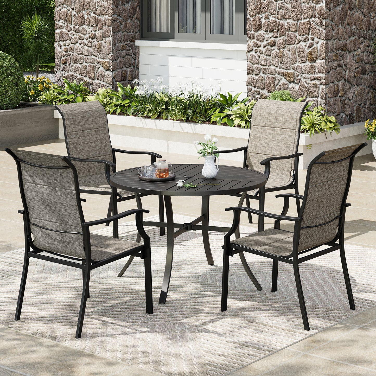 Captiva Designs 5pc Outdoor Slat-top Steel Dining Table & Grayish Bown Padded Sling Chairs
