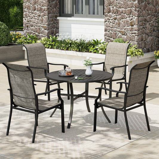 Captiva Designs 5pc Outdoor Slat-top Steel Dining Table & Grayish Bown Padded Sling Chairs
