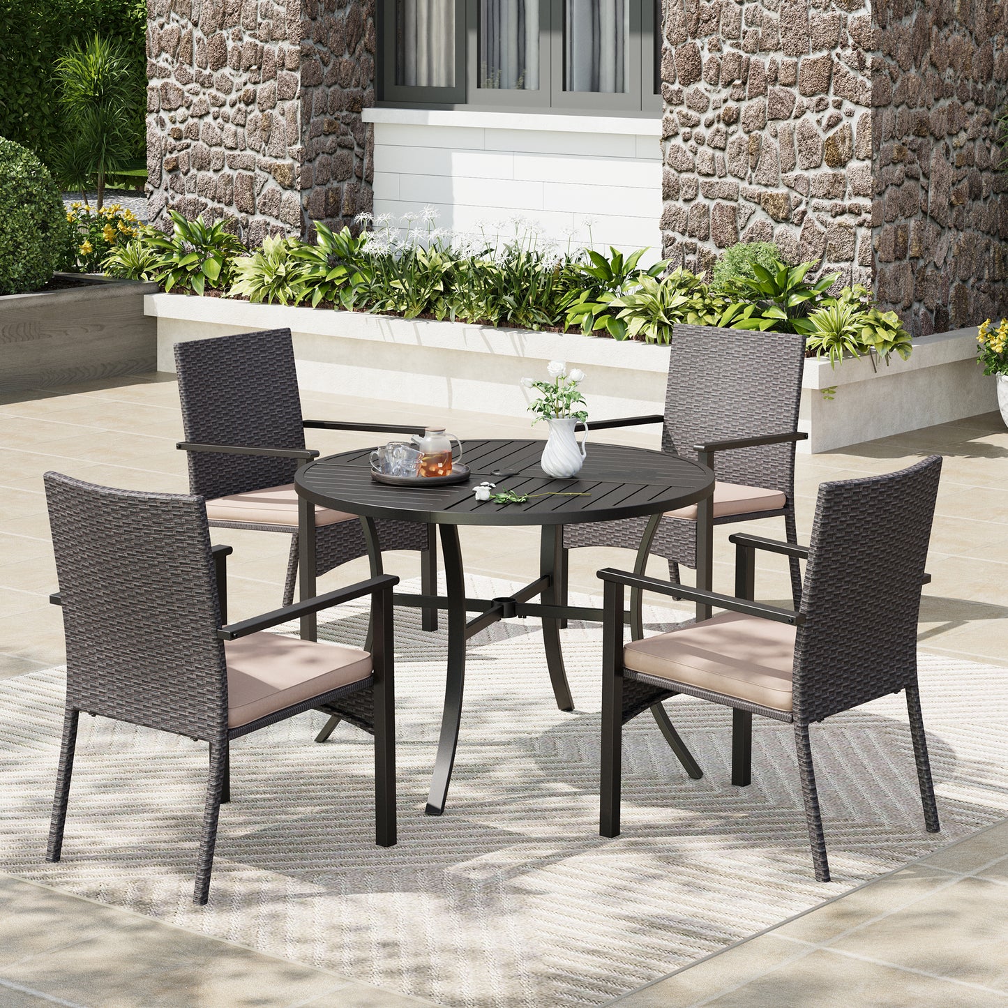 Captiva Designs 5pc Patio Dining Set Steel Frame Table with Umbrella Hole & Rattan Chairs with Removable Cushions