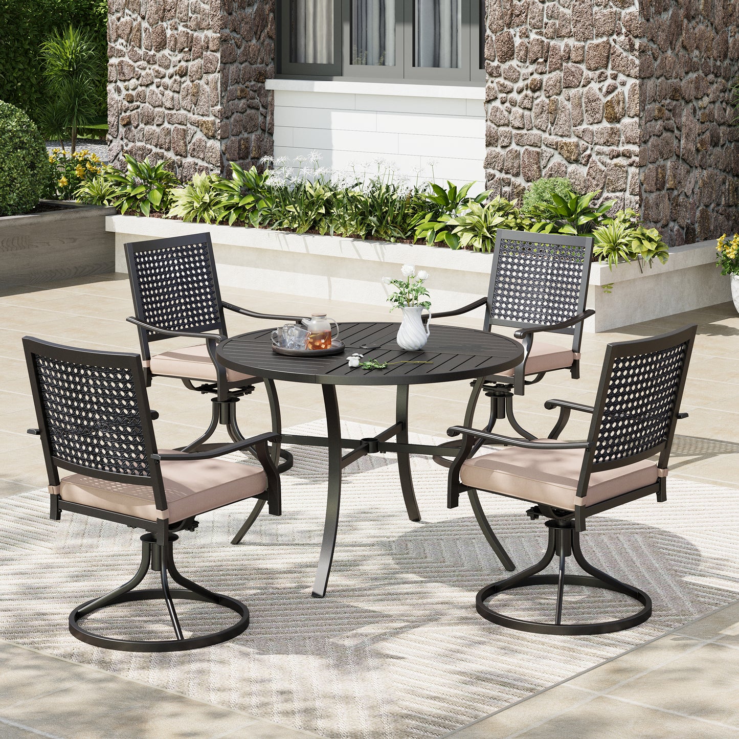 Captiva Designs 5pc Patio Dining Steel Set with Slat-top Round Table & Metal Chairs with Stylish Back