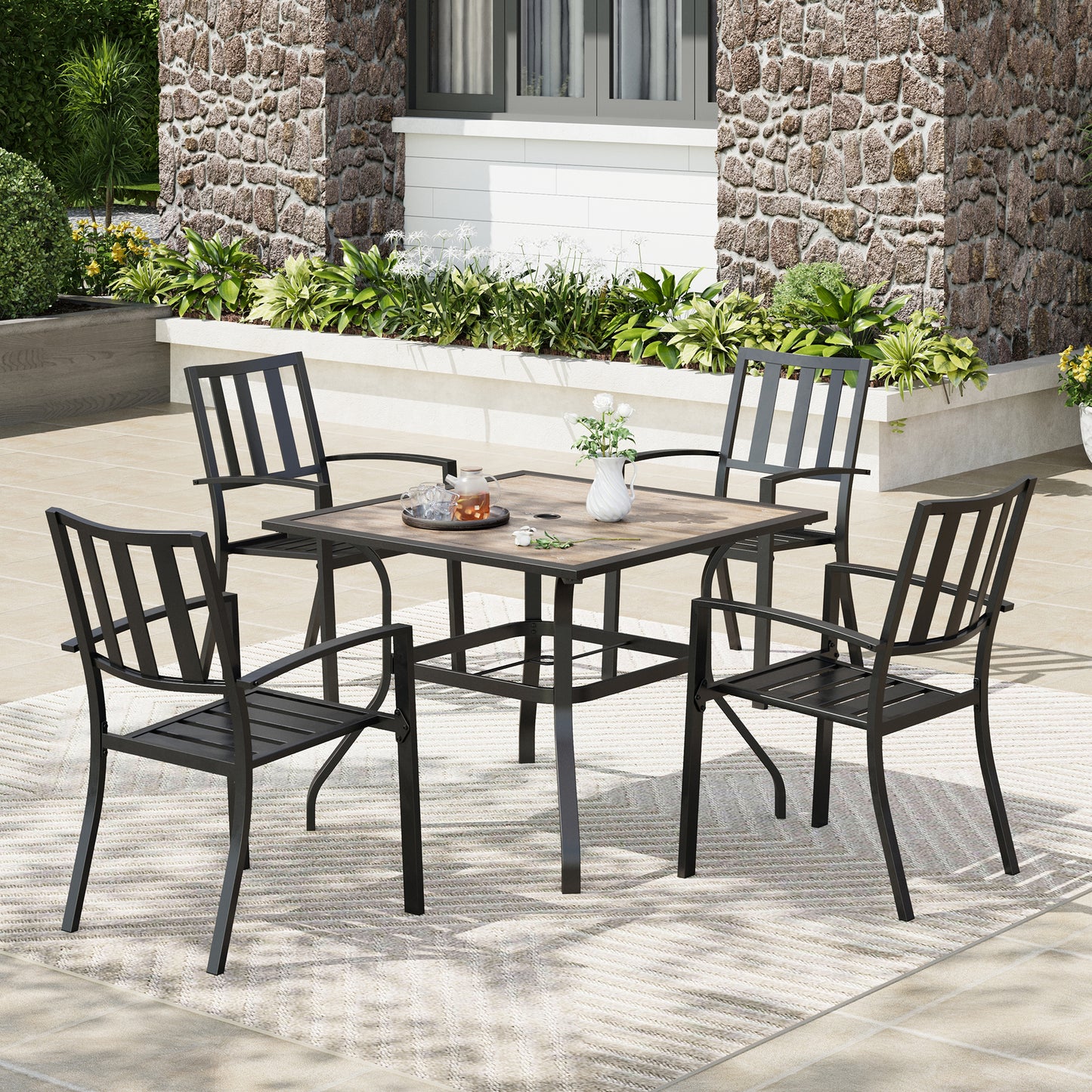 Captiva Designs 5pc Patio Wood-look Square Dining Table with Umbrella Hole & Metal Arm Chairs