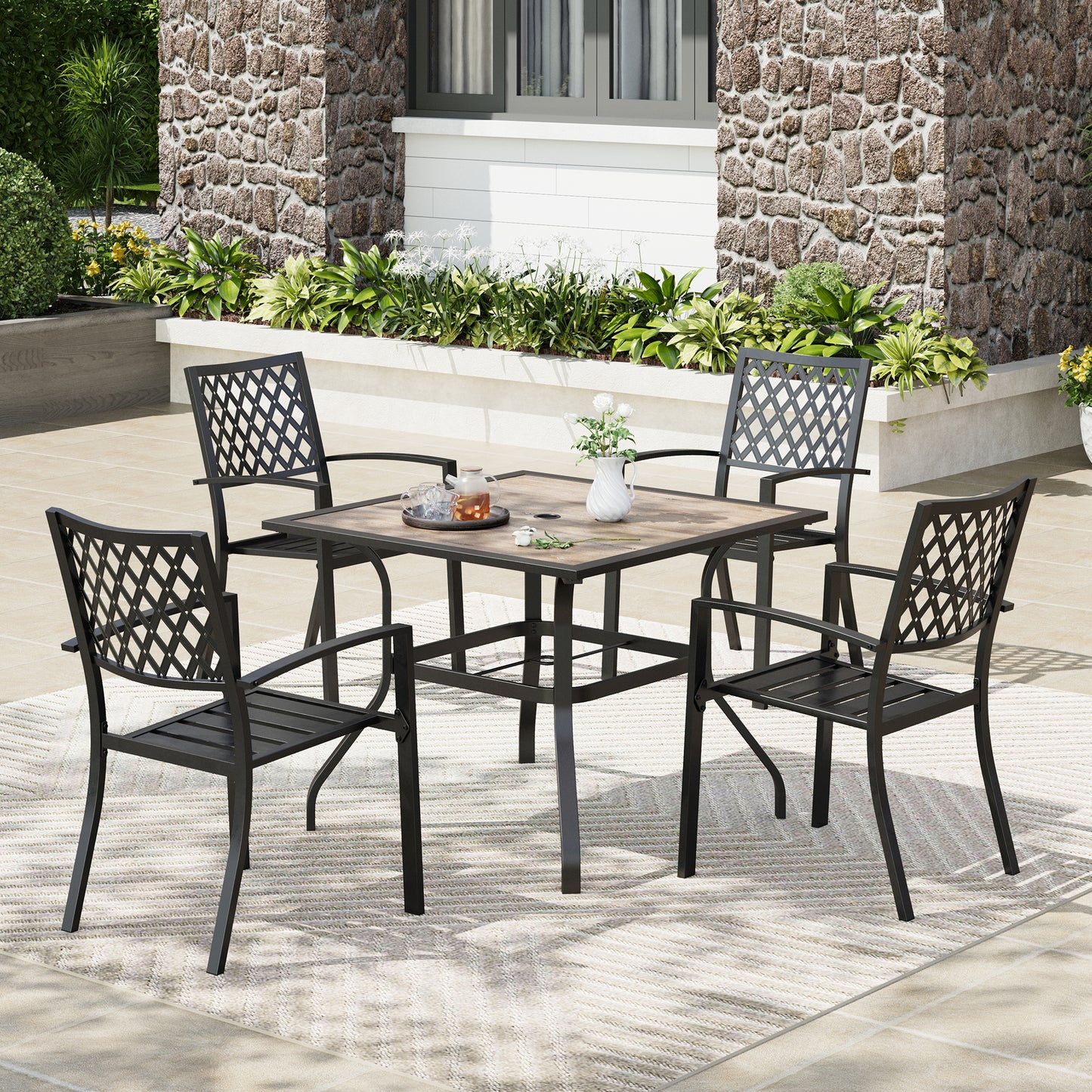 Captiva Designs 5pc Patio Wood-look Square Dining Table with Umbrella Hole & Metal Arm Chairs
