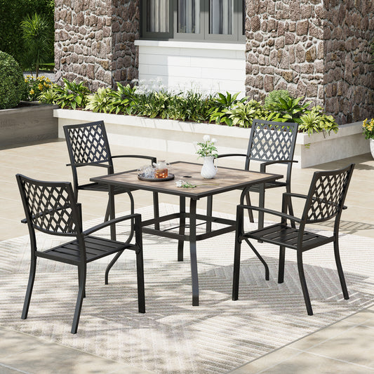 Captiva Designs 5pc Patio Wood-look Square Dining Table with Umbrella Hole & Metal Arm Chairs