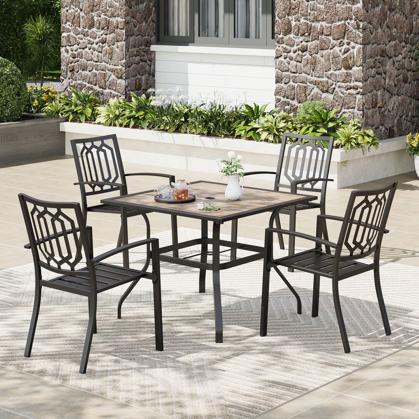 Captiva Designs 5pc Patio Wood-look Square Dining Table with Umbrella Hole & Metal Arm Chairs
