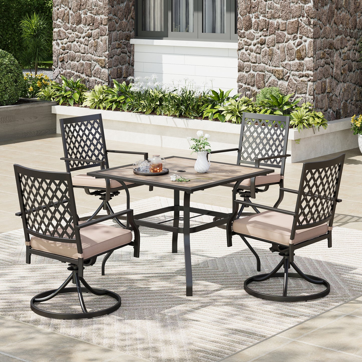 Captiva Designs 5pc Patio Wood-look Square Dining Table with Umbrella Hole & Metal Arm Chairs
