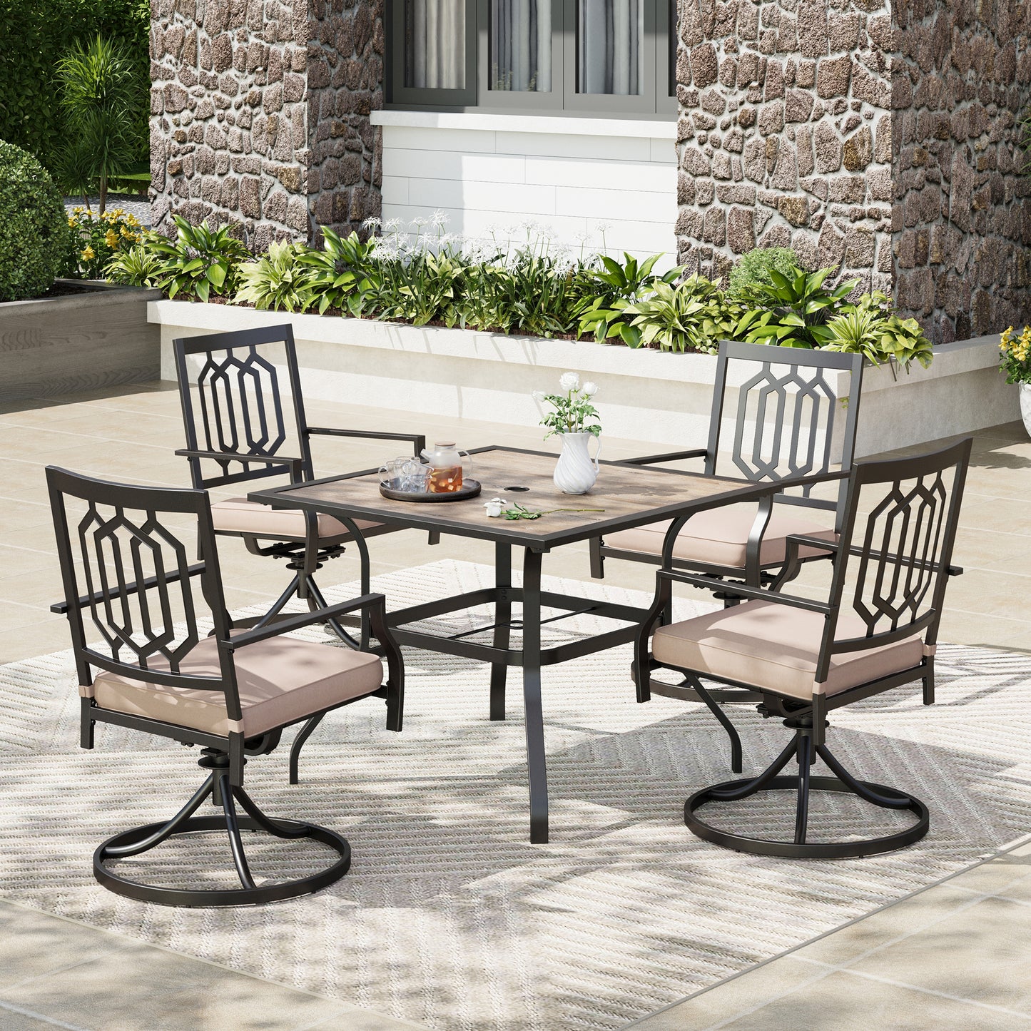 Captiva Designs 5pc Patio Wood-look Square Dining Table with Umbrella Hole & Metal Arm Chairs