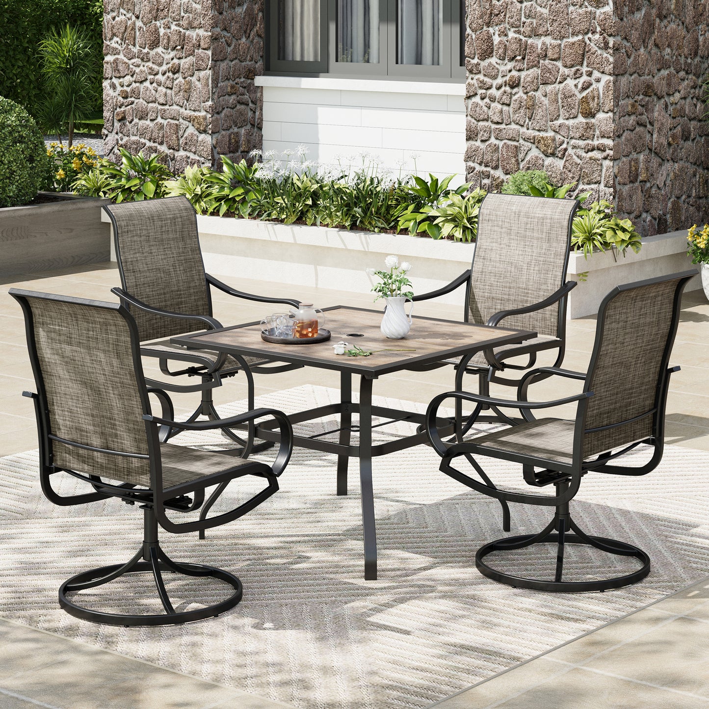 Captiva Designs 5pc Patio Wood-look Square Dining Table with Umbrella Hole & Textilene Swivel Chairs