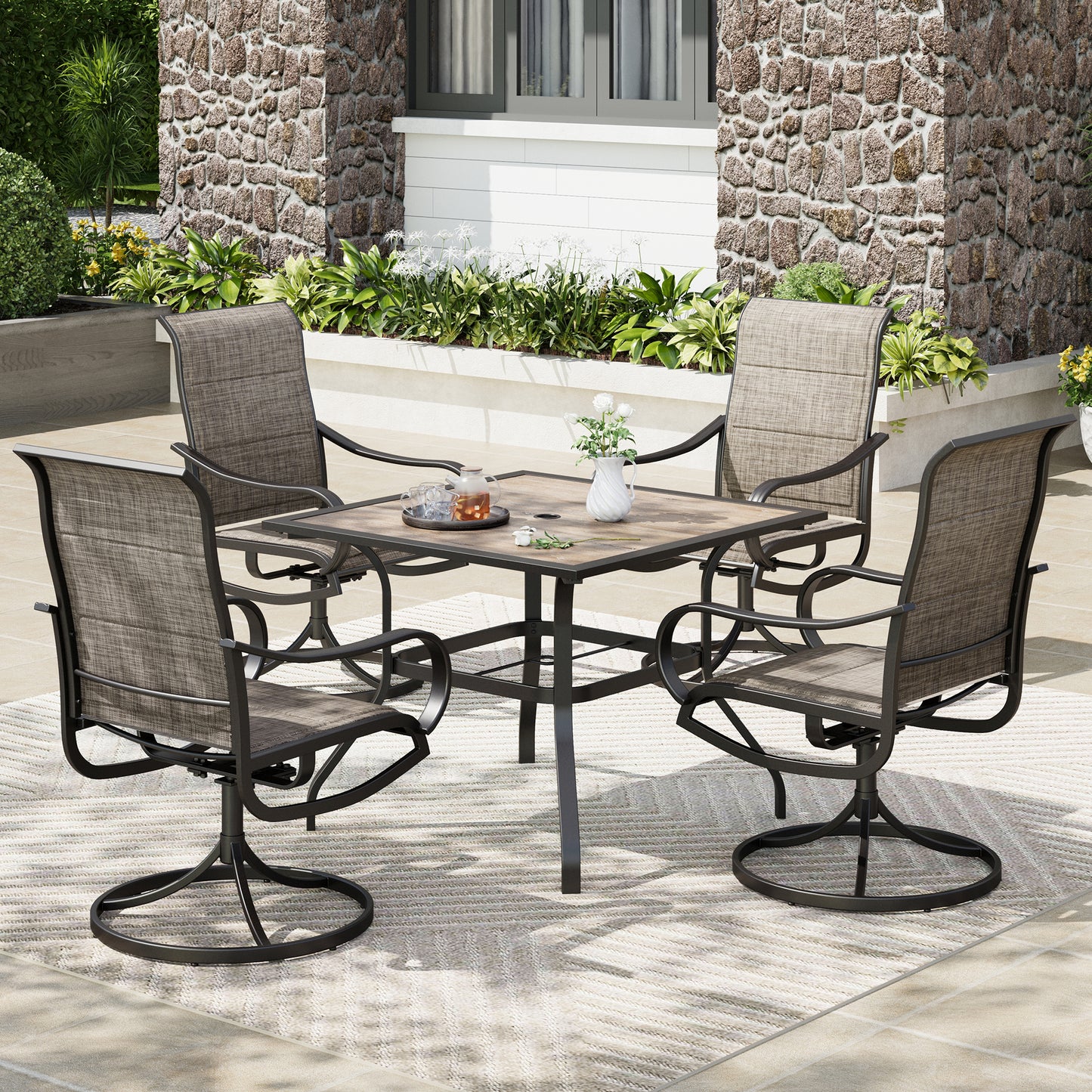 Captiva Designs 5pc Patio Wood-look Square Dining Table with Umbrella Hole & Textilene Swivel Chairs