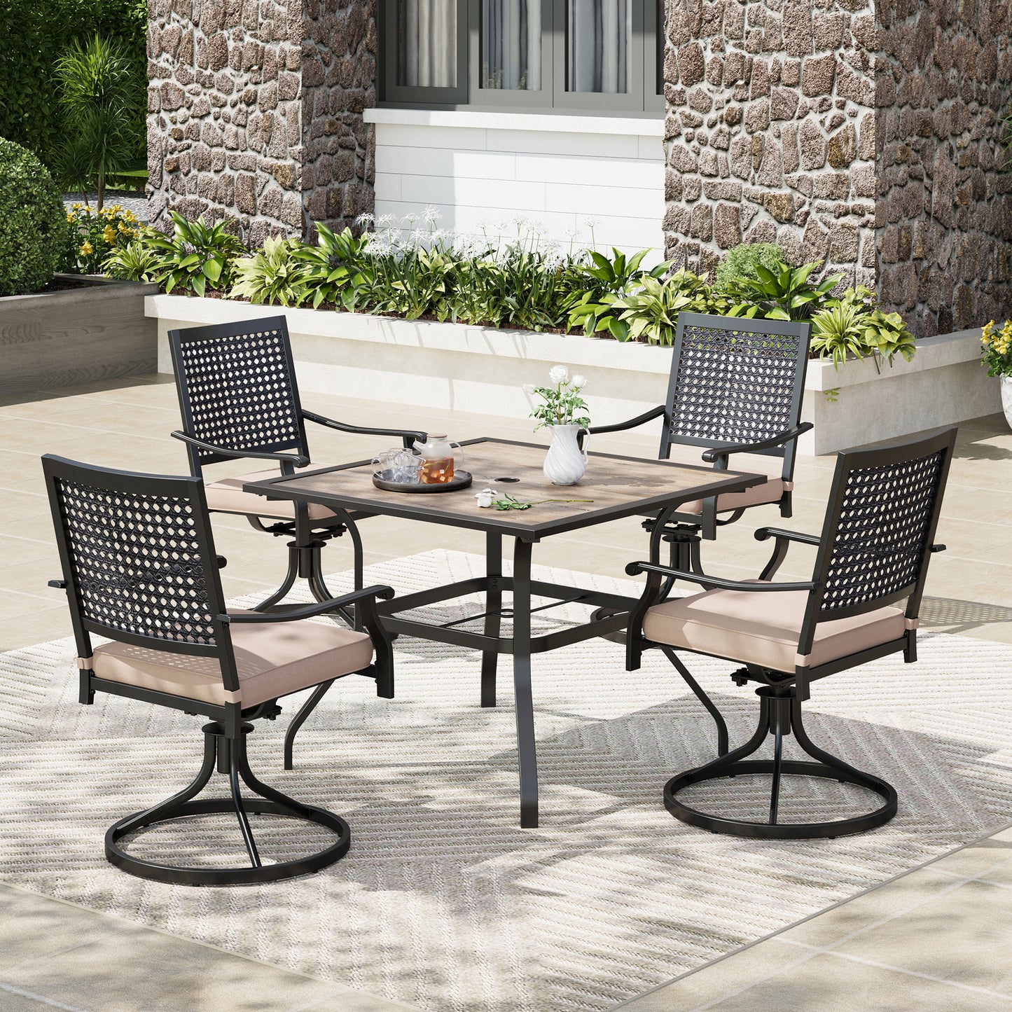Captiva Designs 5pc Patio Wood-look Square Dining Table with Umbrella Hole & Metal Arm Chairs