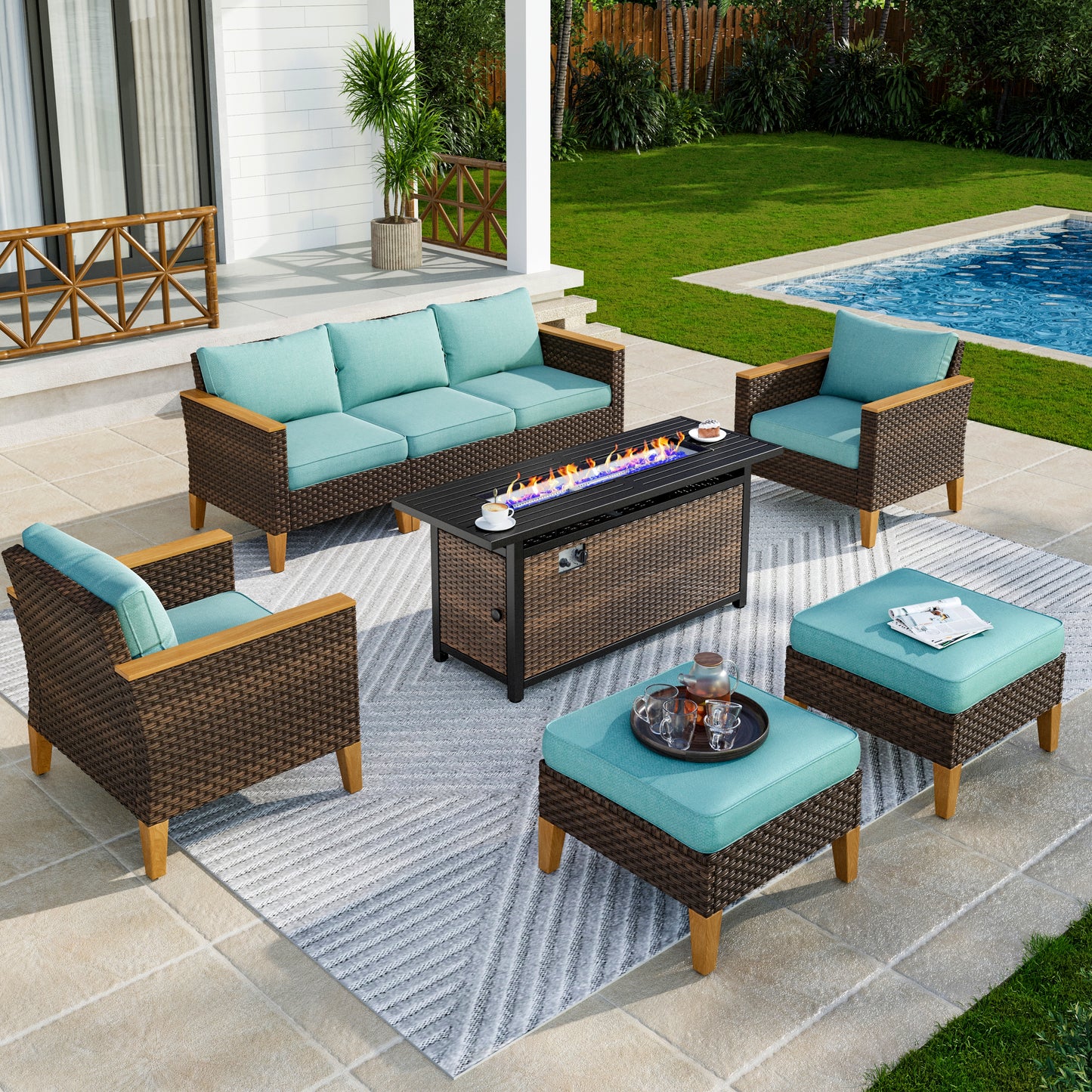 Captiva Designs 8pc Wicker Outdoor Patio Rattan Sectional Conversation Set with Fire Pit Table and Cushioned Ottoman