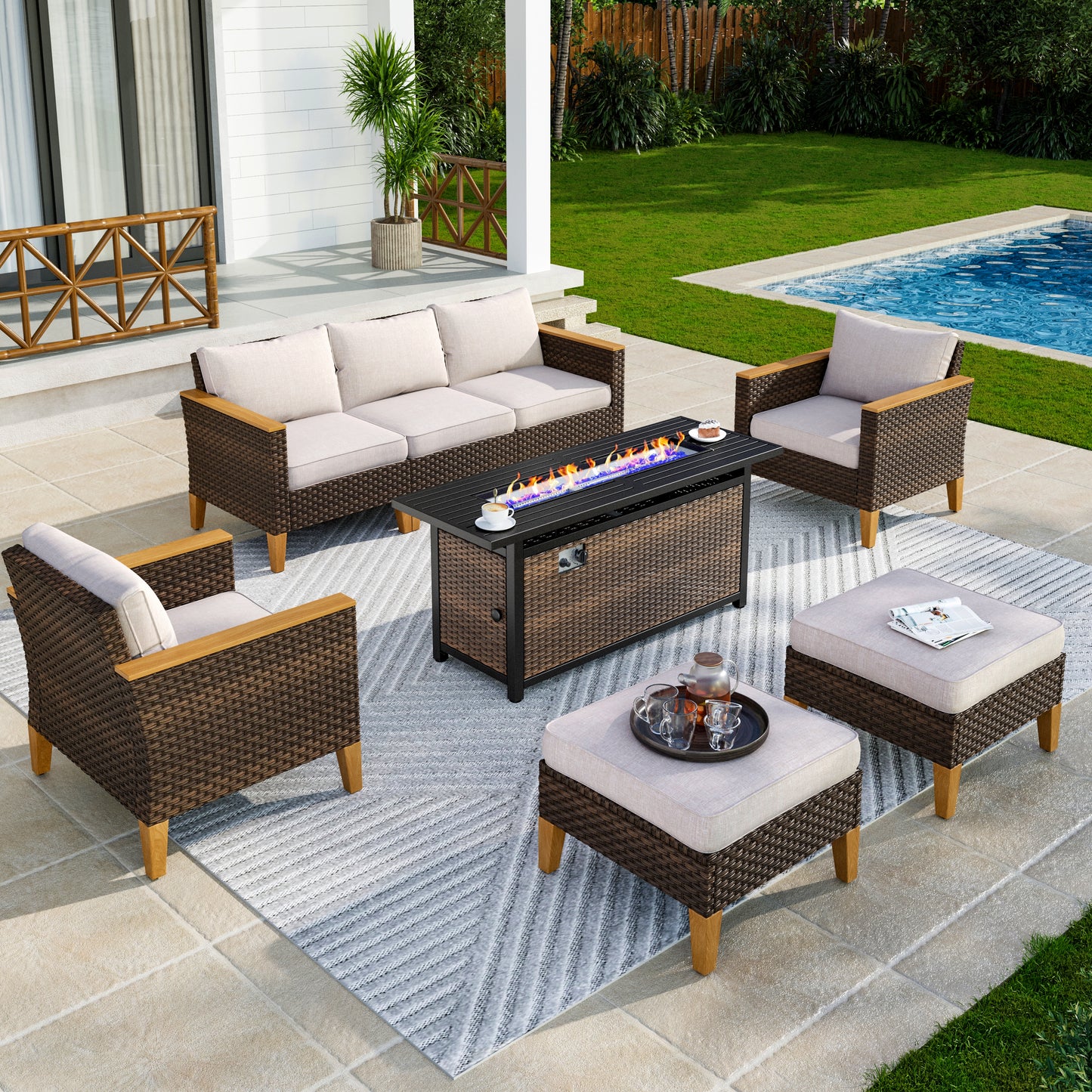 Captiva Designs 8pc Wicker Outdoor Patio Rattan Sectional Conversation Set with Fire Pit Table and Cushioned Ottoman