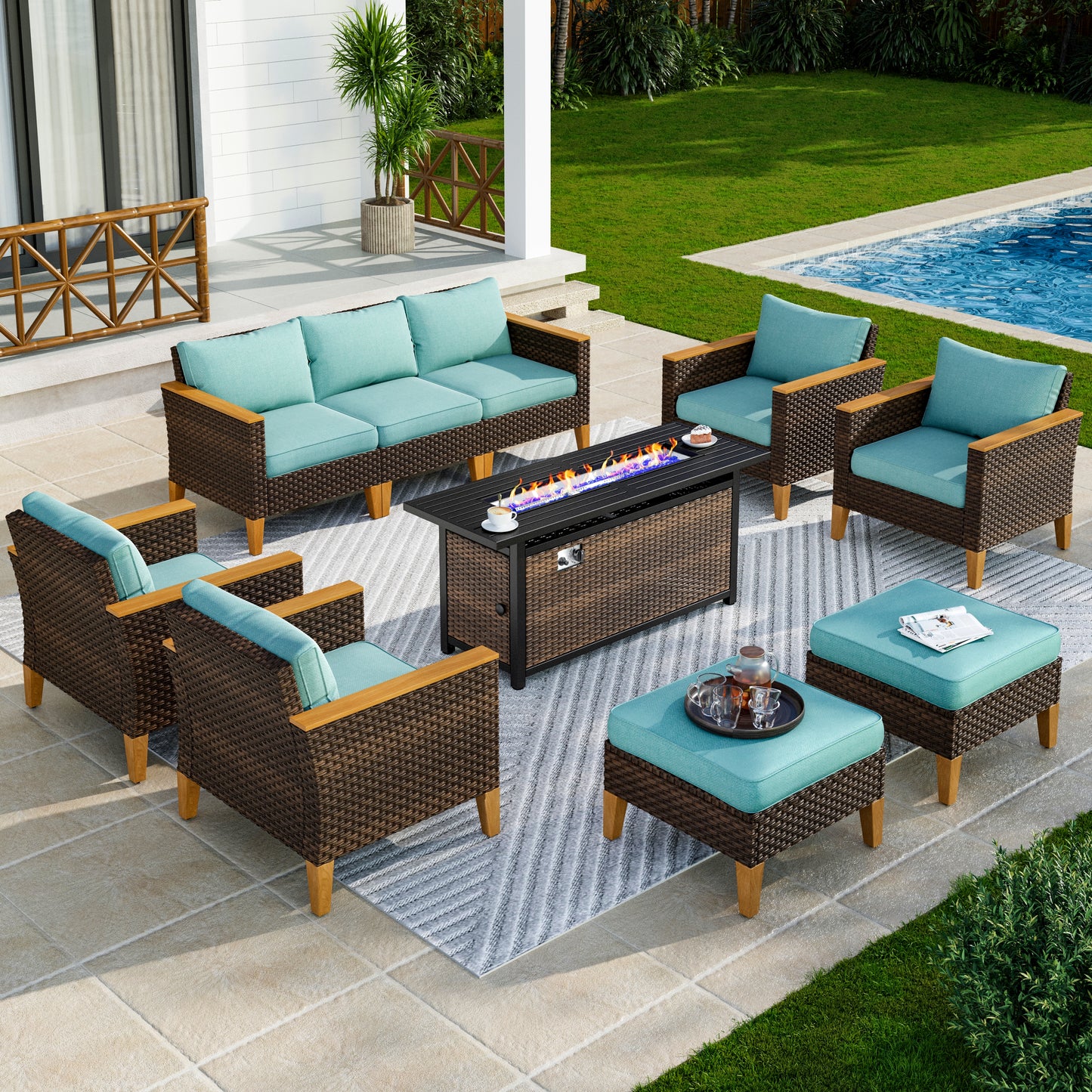 Captiva Designs 10pc Wicker Outdoor Patio Rattan Sectional Conversation Set with Fire Pit Table and Cushioned Ottoman