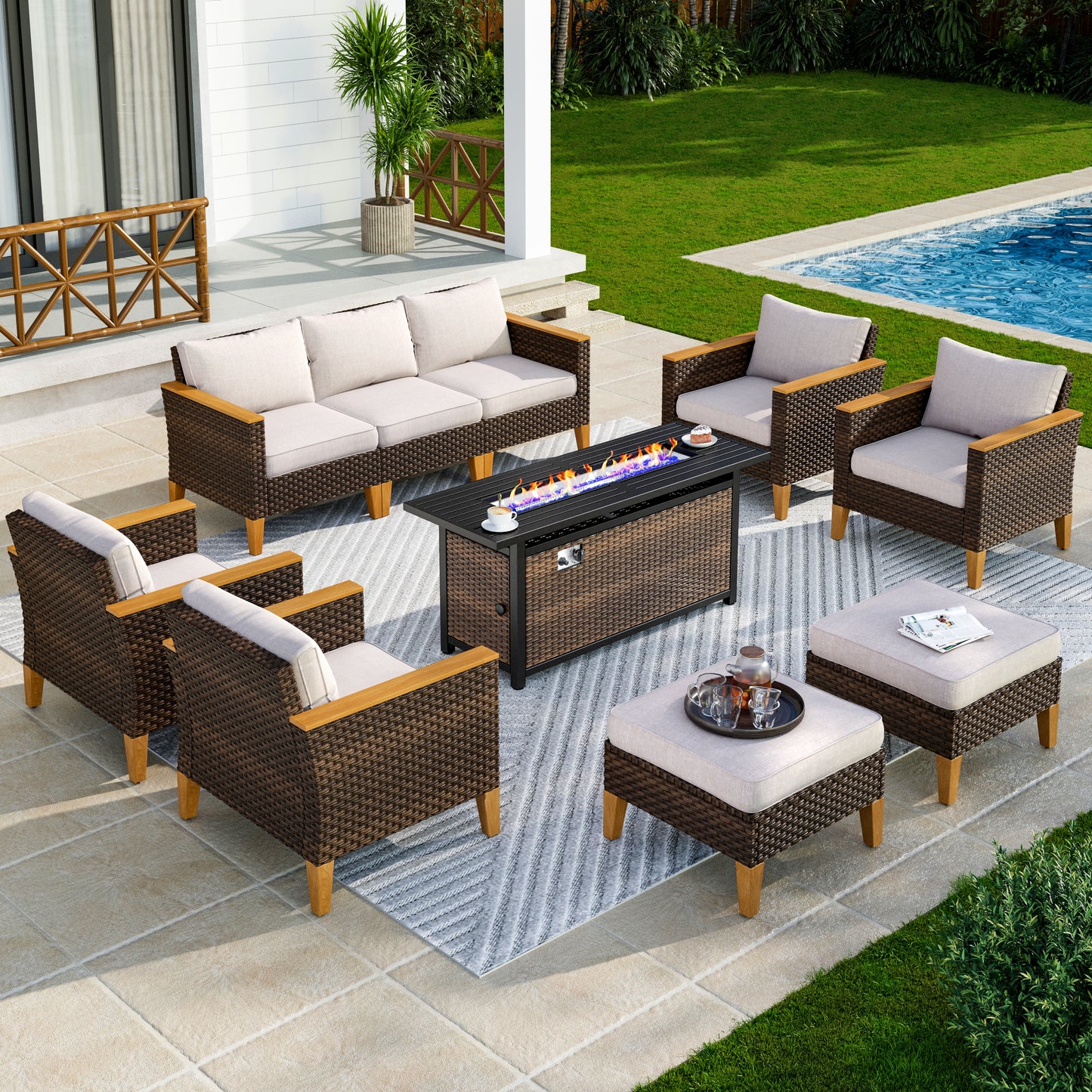 Captiva Designs 10pc Wicker Outdoor Patio Rattan Sectional Conversation Set with Fire Pit Table and Cushioned Ottoman