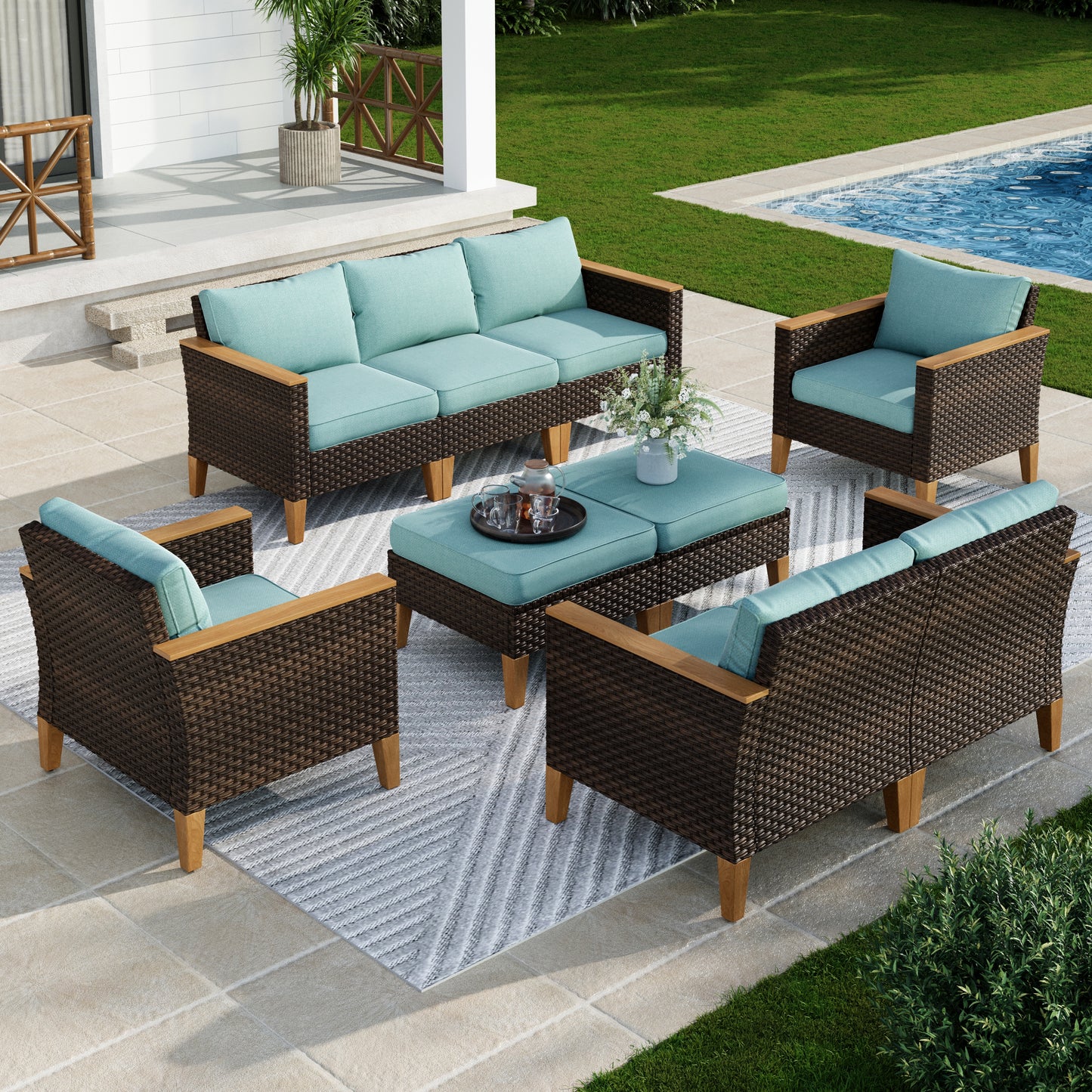 Captiva Designs 9pc Wicker Outdoor Patio Rattan Sectional Conversation Set with Cushioned Ottoman