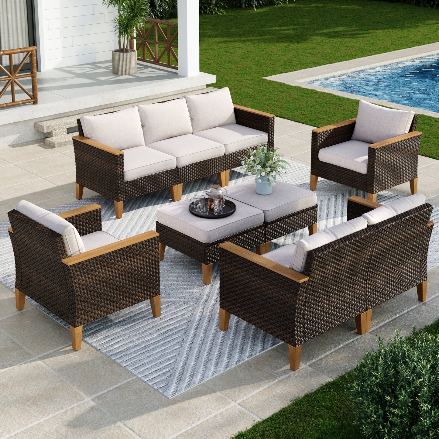 Captiva Designs 9pc Wicker Outdoor Patio Rattan Sectional Conversation Set with Cushioned Ottoman