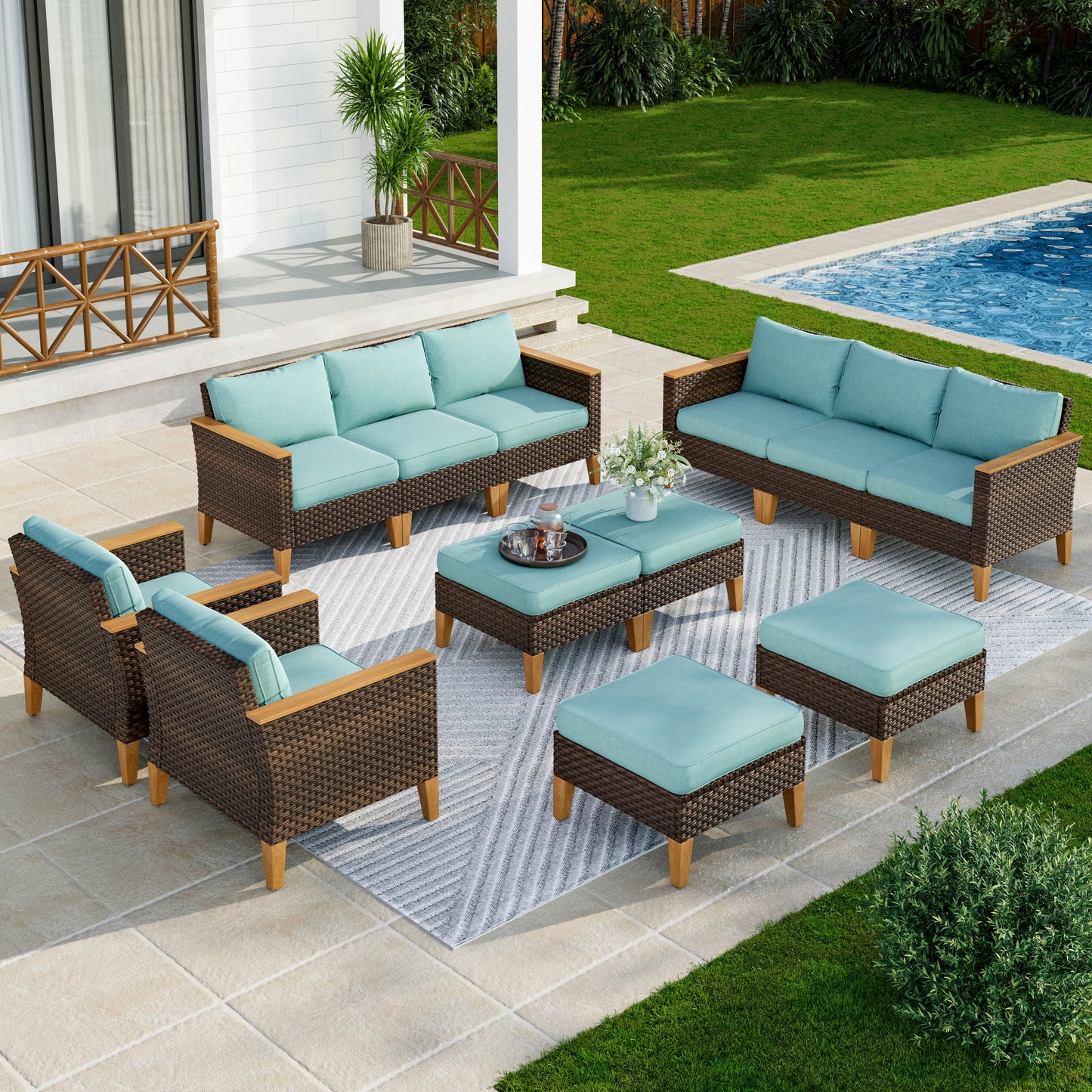 Captiva Designs 12pc Wicker Outdoor Patio Rattan Sectional Conversation Set with Cushioned Ottoman