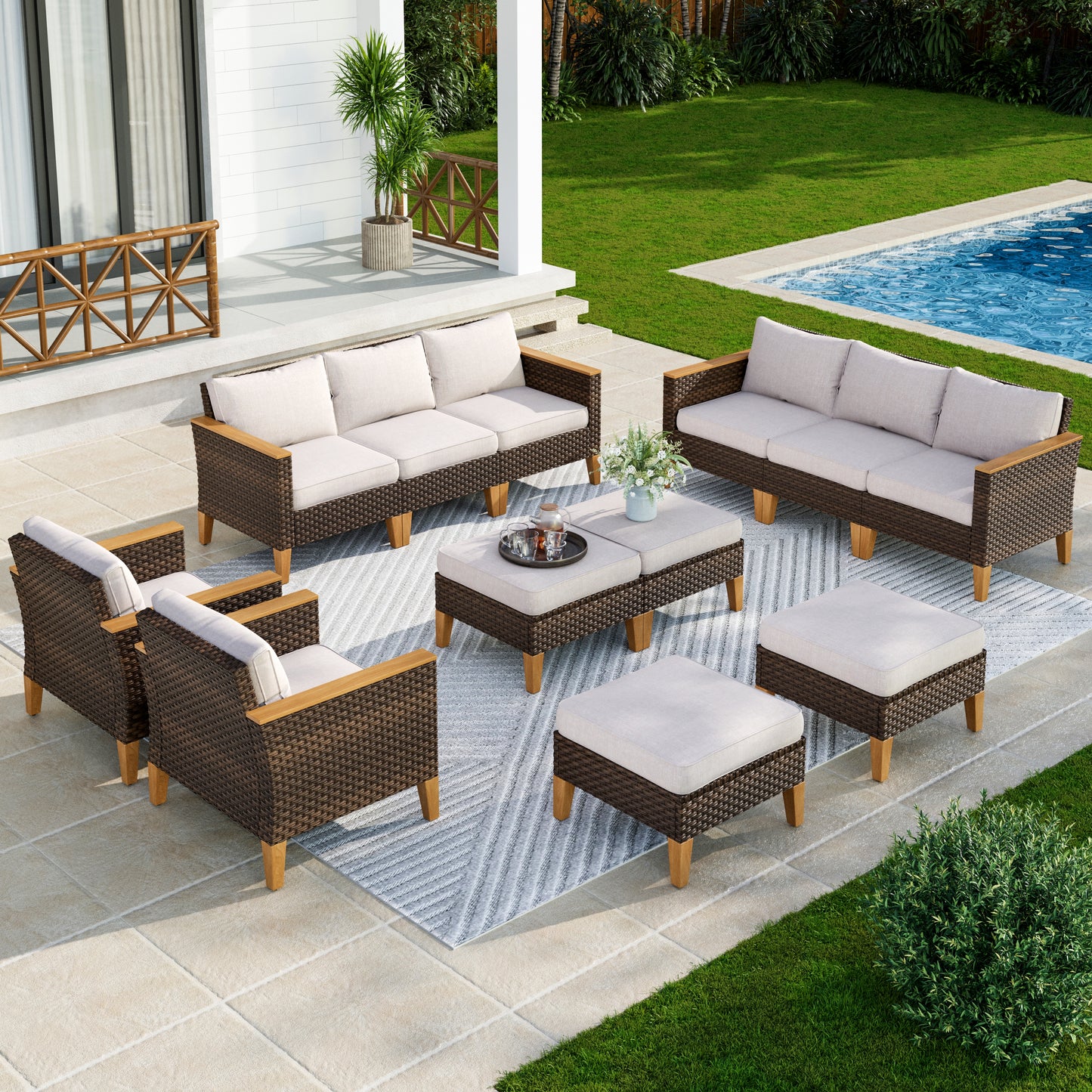 Captiva Designs 12pc Wicker Outdoor Patio Rattan Sectional Conversation Set with Cushioned Ottoman