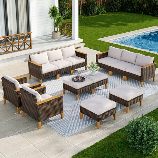 Captiva Designs 12pc Wicker Outdoor Patio Rattan Sectional Conversation Set with Cushioned Ottoman