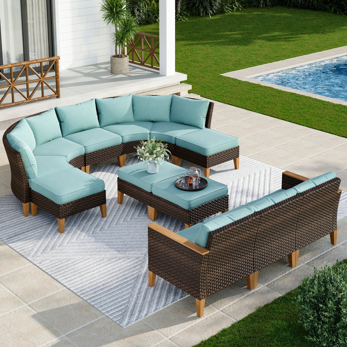 Captiva Designs 12pc Outdoor Wicker Rattan Patio Half-Moon Curved Sectional Sofa Set with Cushioned Ottoman