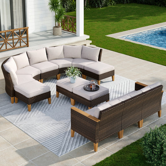Captiva Designs 12pc Outdoor Wicker Rattan Patio Half-Moon Curved Sectional Sofa Set with Cushioned Ottoman