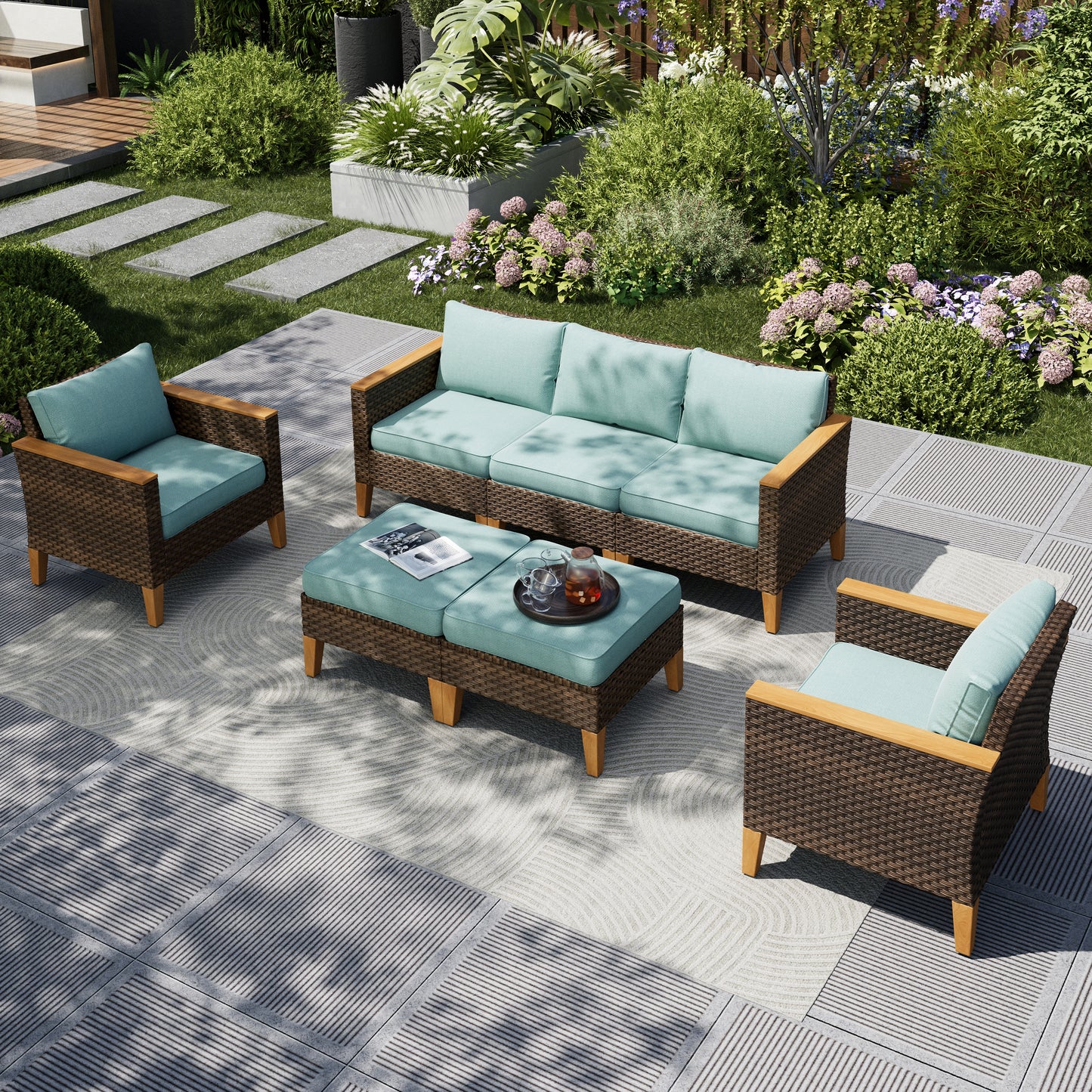 Captiva Designs 7pc Wicker Outdoor Patio Rattan Sectional Conversation Set with Cushioned Ottoman